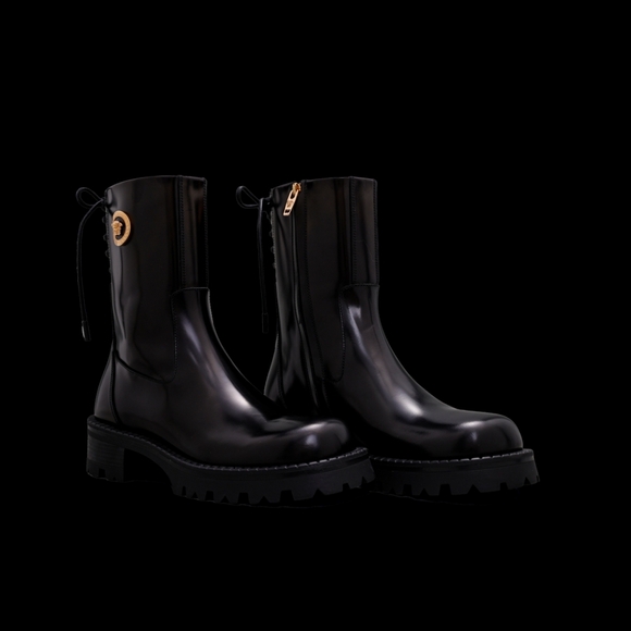 Versace Black Combat Boots with Gold Medallion - Picture 4 of 9
